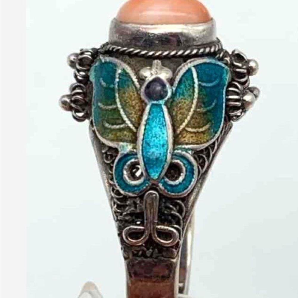 Sterling 925 Silver Angel Skin Coral and Enamel Butterfly 🦋 Ornate Ring 5.5g - Picture 3 of 7